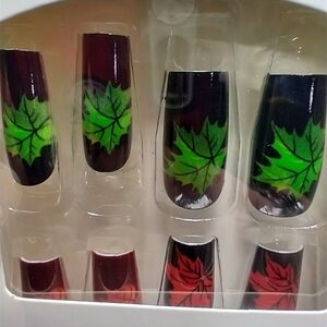 Press on nails maple leaf red green black nails set colorful